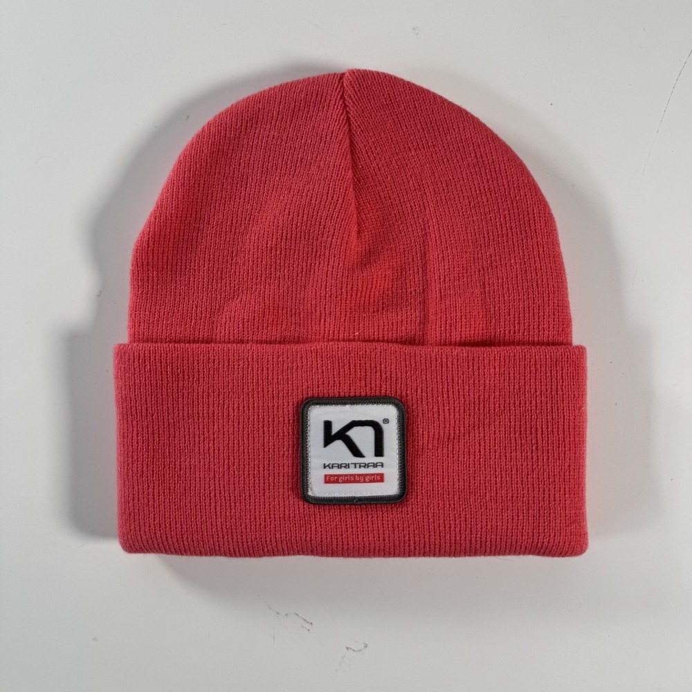 KARI TRAA Hat Pink‎ Roll Up Basic Knit Beanie Cap KT Patch NWOT